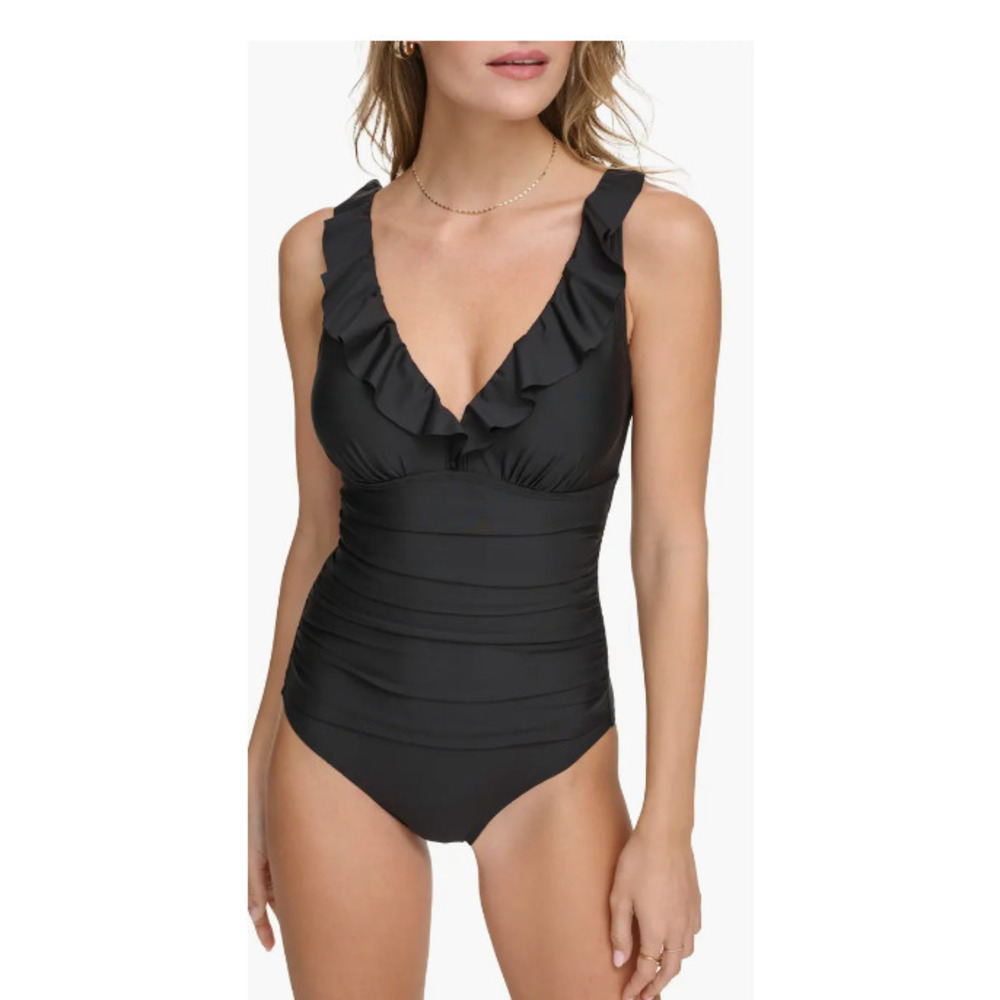 DKNY Ruffle Plunge Underwire Tummy Control One-Piece Swimsuit Black Size 6